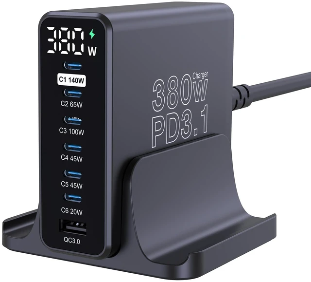 Main image of URVNS 380W USB C Charging Station with LCD Power Display | GaN III 7 Ports PD3.1 140W PPS 45W QC60W for MacBook Laptop, iPhone 17/16, iPad, Galaxy S25/S24 and More