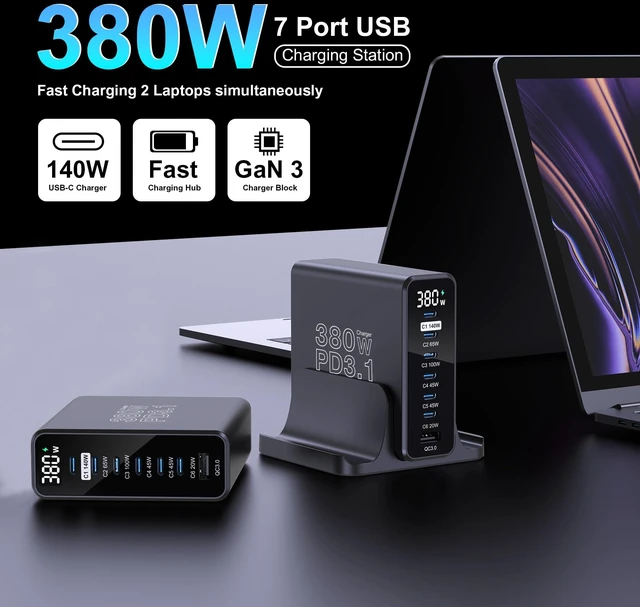 Alt view image 2 of 7 - URVNS 380W USB C Charging Station with LCD Power Display | GaN III 7 Ports PD3.1 140W PPS 45W QC60W for MacBook Laptop, iPhone 17/16, iPad, Galaxy S25/S24 and More