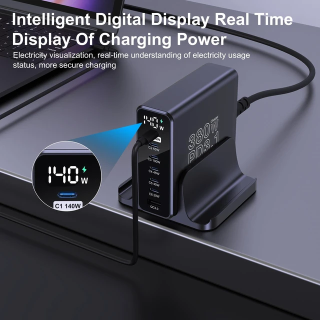 Alt view image 5 of 7 - URVNS 380W USB C Charging Station with LCD Power Display | GaN III 7 Ports PD3.1 140W PPS 45W QC60W for MacBook Laptop, iPhone 17/16, iPad, Galaxy S25/S24 and More