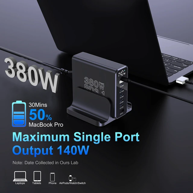 Alt view image 3 of 7 - URVNS 380W USB C Charging Station with LCD Power Display | GaN III 7 Ports PD3.1 140W PPS 45W QC60W for MacBook Laptop, iPhone 17/16, iPad, Galaxy S25/S24 and More