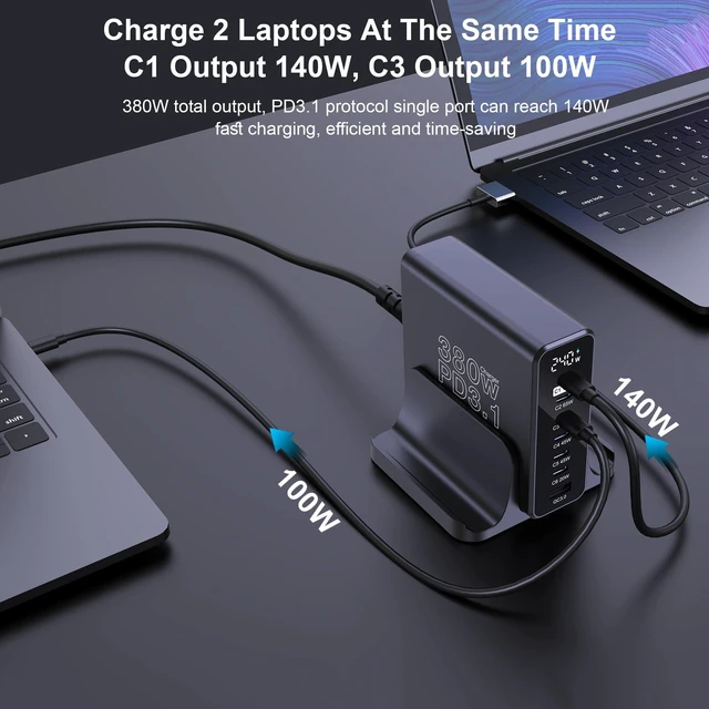 Alt view image 4 of 7 - URVNS 380W USB C Charging Station with LCD Power Display | GaN III 7 Ports PD3.1 140W PPS 45W QC60W for MacBook Laptop, iPhone 17/16, iPad, Galaxy S25/S24 and More