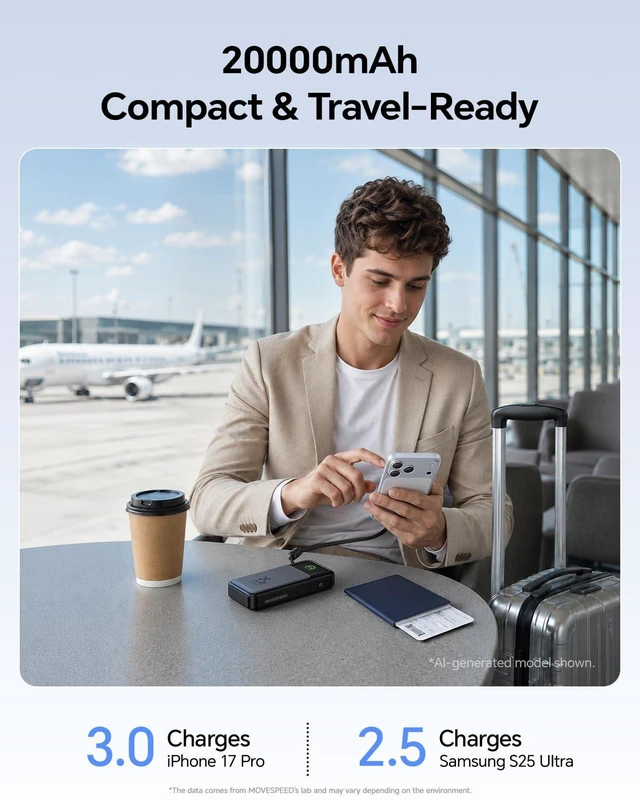 Alt view image 6 of 7 - MOVE SPEED 35W Portable Charger, 20000mAh Power Bank,Built in USB-C Cables | Battery Pack,Flight-Safe,Travel Essentials,LiFePO4 Car-Grade Safe Cell,for iPhone 18/17/16 Samsung,ipad