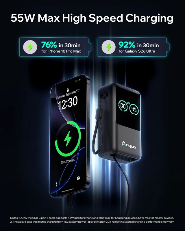 Alt view image 2 of 7 - Arkpax 45W Portable Charger Fast Charging Power Bank 10000mAh | Built-In Retractable USB-C Cable, 55W Max Battery Pack for iPhone 18/17/16 Series iPad Galaxy Series, Pixel, Travel Essential