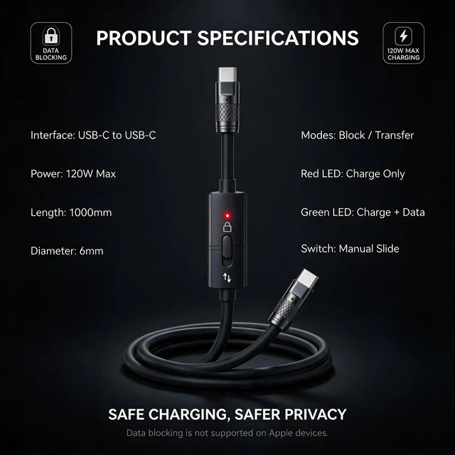 Alt view image 7 of 7 - USB-C Data Blocker Cable 120W Silicone Fast Charging Cable 3.3ft, Orange | Juice Jacking Protection, Liquidsilicone, 6mm Thick, 45000+ Bend Tested, E-Marker Chip, LED Indicator, 480Mbps Data Transfer