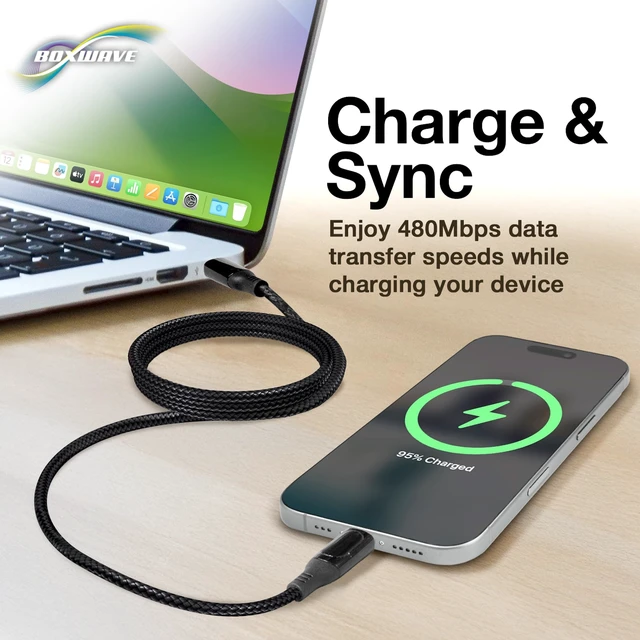 Alt view image 6 of 7 - BoxWave Cable Compatible with Bowers & Wilkins Px8 - PowerDisplay PD Cable (6ft) - USB-C to USB-C (100W), LED Wattage Info Extra Long Braided Nylon - Jet Black