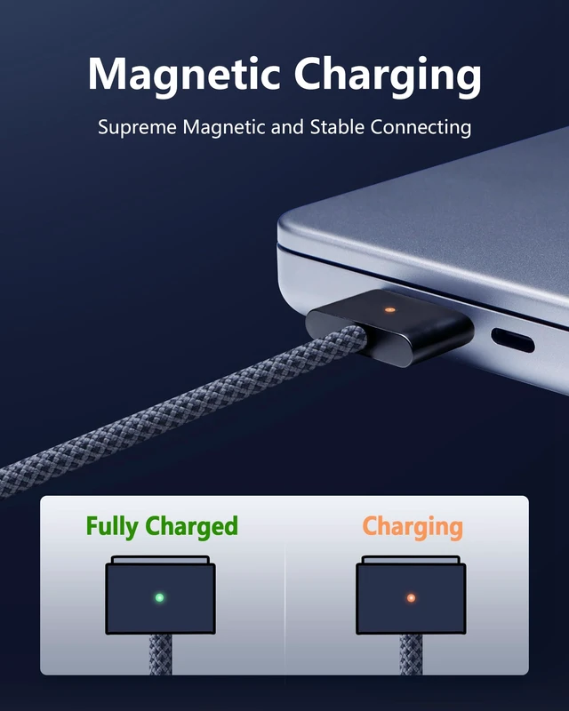 Alt view image 3 of 7 - ZeitNah USB-C to Magnetic Cable for MacBook Air/Pro, 6.6 ft, Midnight | Compatible with MacBook Pro/Air 2021-2026, Supports M1/M2/M3/M4 Chips, Braided Cable with LED Indicator