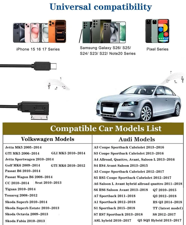 Alt view image 4 of 7 - USB-C to AMI Aux Cord for iPhone 18/17/16/15, Apple MFi Certified | Type-C to MMI Audio Cable Compatible with Audi A3/A4/A5/A6/A8/S4/S6/S8/TT, Nylon Braided Cord Car Audio Charging Dongle