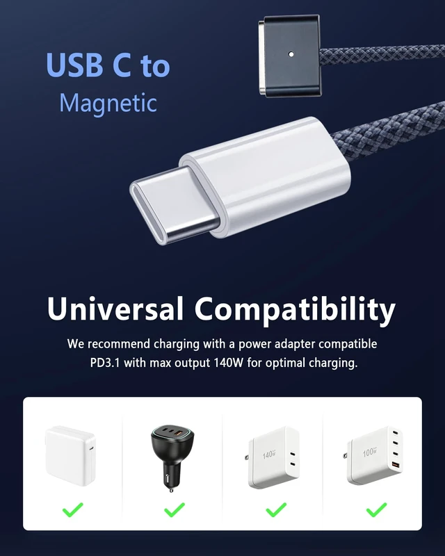 Alt view image 7 of 7 - ZeitNah USB-C to Magnetic Cable for MacBook Air/Pro, 6.6 ft, Midnight | Compatible with MacBook Pro/Air 2021-2026, Supports M1/M2/M3/M4 Chips, Braided Cable with LED Indicator