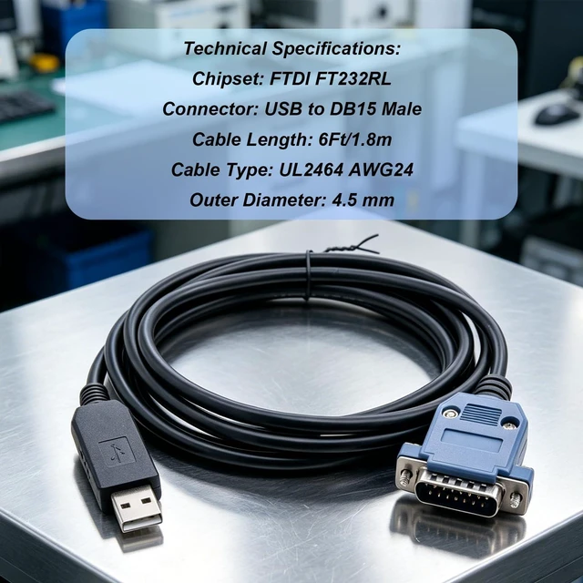Alt view image 4 of 7 - 6Ft FT232RL USB to DB15 Serial Adapter Cable for YOKOGAWA Servo Drives | 1.8m, 15-Pin Male RS232 Programming Cable, for Industrial Automation