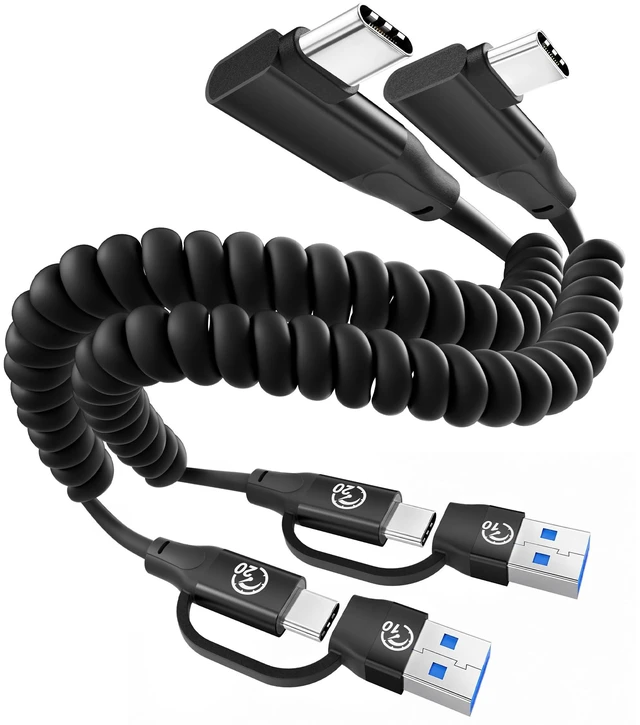 Main image of Right Angle USB C Coiled Cable 1FT 2Pack, 20Gbps USBC 3.2 Gen 2 Data Cable | 4K Video Output, Short Type C Car Charger Cord for Android Auto/ CarPlay, 100W Charging for iPhone 17/16/15, Galaxy S26 S25