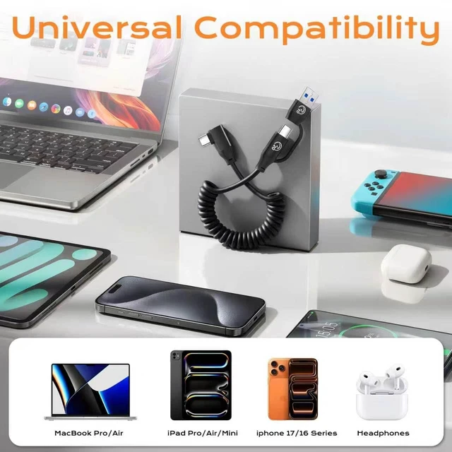 Alt view image 7 of 7 - Right Angle USB C Coiled Cable 1FT 2Pack, 20Gbps USBC 3.2 Gen 2 Data Cable | 4K Video Output, Short Type C Car Charger Cord for Android Auto/ CarPlay, 100W Charging for iPhone 17/16/15, Galaxy S26 S25