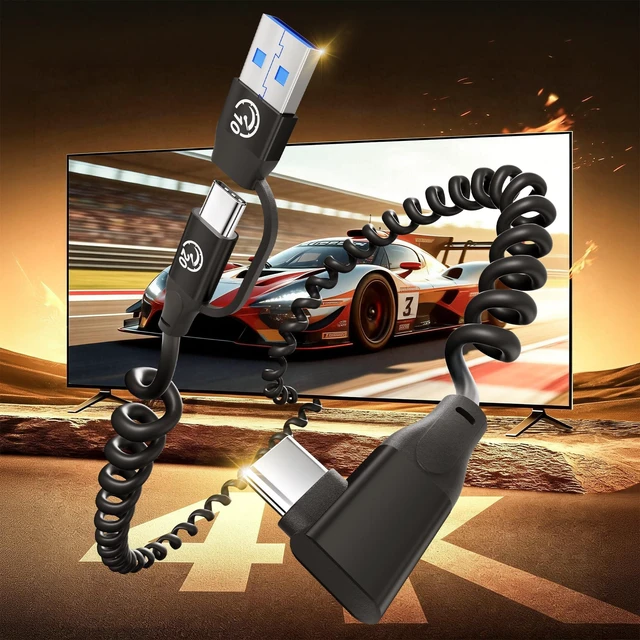 Alt view image 5 of 7 - Right Angle USB C Coiled Cable 1FT 2Pack, 20Gbps USBC 3.2 Gen 2 Data Cable | 4K Video Output, Short Type C Car Charger Cord for Android Auto/ CarPlay, 100W Charging for iPhone 17/16/15, Galaxy S26 S25