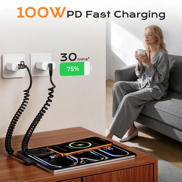 Alt view image 6 of 7 - Right Angle USB C Coiled Cable 1FT 2Pack, 20Gbps USBC 3.2 Gen 2 Data Cable | 4K Video Output, Short Type C Car Charger Cord for Android Auto/ CarPlay, 100W Charging for iPhone 17/16/15, Galaxy S26 S25