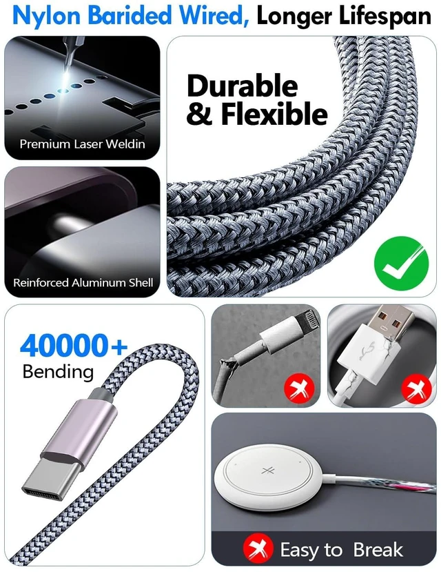 Alt view image 5 of 7 - 2Pack Travel Essentials for Apple Watch Charger,3-in-2 Multi Charging Cable | Cruise Vacation Camping Essentials for iPhone Charger,Type C/Lightning for iWatch,iPhone 18-12,Xbox Series X&S-6FT Gray