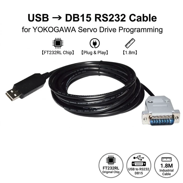 Alt view image 2 of 6 - Pidwaok FT232RL USB to DB15 15-Pin Male Serial Cable, 1.8m for YOKOGAWA Servo Drives, RS232 Communication and PC Programming Cable