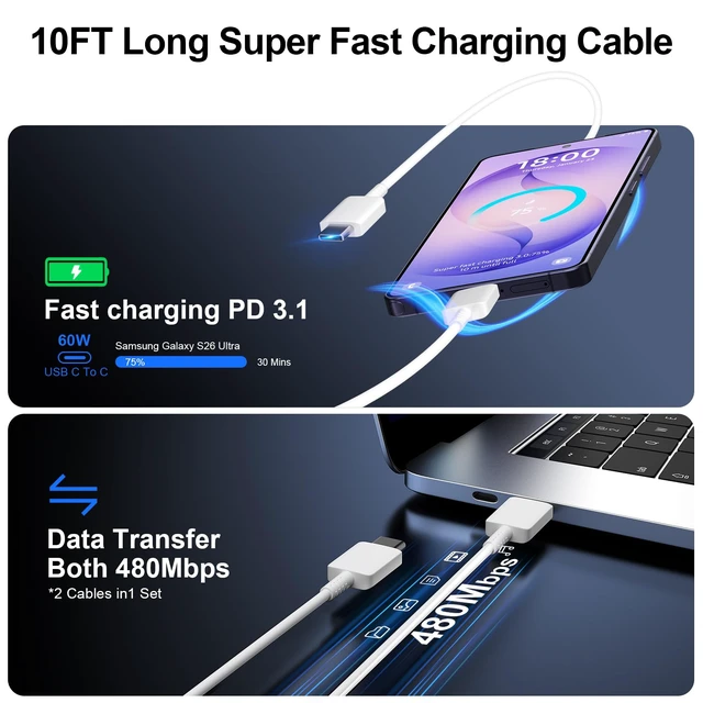 Alt view image 5 of 7 - 60W Super Fast Charger USB C, Type C Android Phone Charger Fast Charging | for Samsung Charger Block with 10ft USB C Fast Charging Cable for Samsung Galaxy S26/S26 Ultra/S25 Ultra/S24/iPhone Duo/iPad