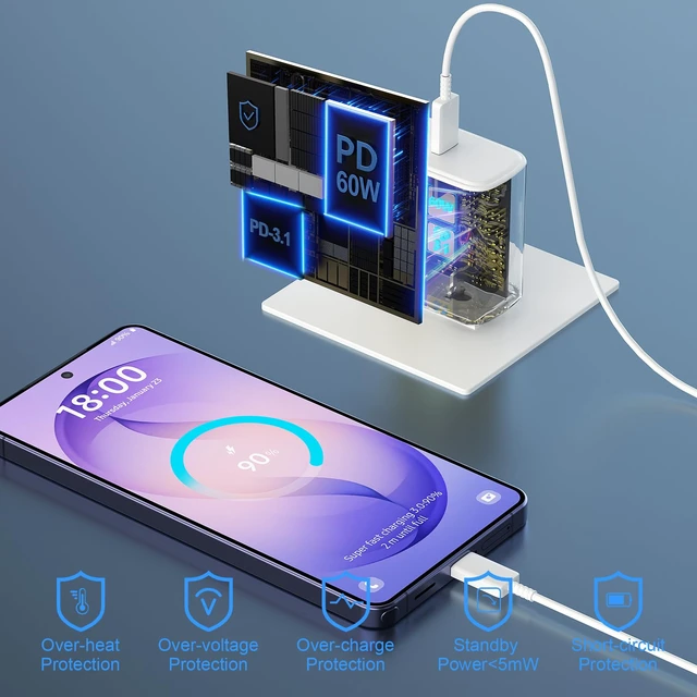 Alt view image 6 of 7 - 60W Super Fast Charger USB C, Type C Android Phone Charger Fast Charging | for Samsung Charger Block with 10ft USB C Fast Charging Cable for Samsung Galaxy S26/S26 Ultra/S25 Ultra/S24/iPhone Duo/iPad