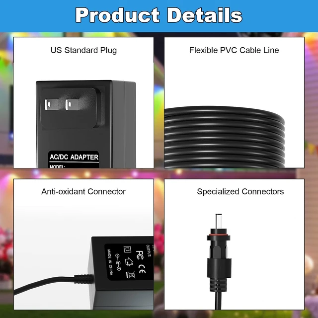 Alt view image 7 of 7 - 36V Power Adapter for Govee Smart Outdoor String Lights 2 Compatible with Govee H7037 H7038 H7039 Power Cord Charger