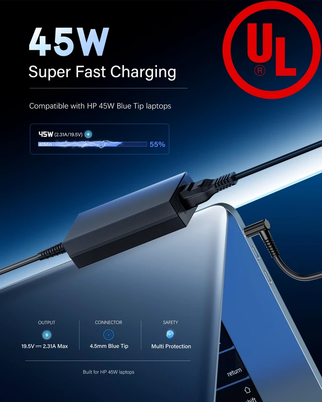 Alt view image 2 of 7 - UL Certified 45W Blue Tip Charger Compatible with HP Laptop Charger | 19.5V 2.31A charger For Pavilion x360, Envy 13 15, EliteBook, Stream, Spectre, ProBook Includes Power Cord