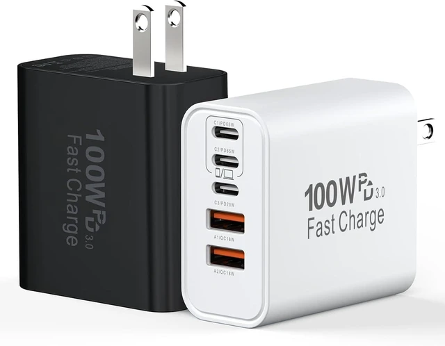 Main image of USB C Super Fast Charger Block,100W USBC Wall Charger Plug,2Pack 5-Port 65W Type C Phone Charging Cubes Multiport Power Adapter for iPhone 18 Pro/17/16/15/14,Galaxy S25/S26 Ultra,MacBook-White+Black