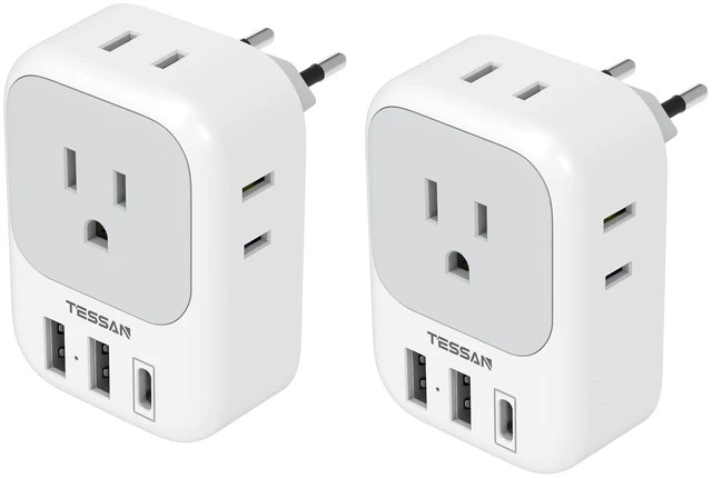 Main image of European Travel Plug Adapter 2 Pack, Type C Plug | Not Voltage Converter, 4 Outlets 3 USB, For Europe Italy Spain France Portugal Iceland Germany