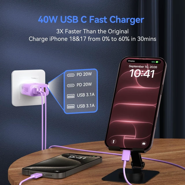 Alt view image 2 of 7 - USB C Wall Charger Block, 40W USB Type C iPhone Charger Fast Charging Block 4-Port iPhone USB Wall Charger Cube Plug, PD+QC Fast Charging Brick Power Adapter for iPhone 17/16/15/14/13/12 Pro Max, iPad