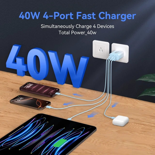 Alt view image 3 of 7 - USB C Wall Charger Block, 40W USB Type C iPhone Charger Fast Charging Block 4-Port iPhone USB Wall Charger Cube Plug, PD+QC Fast Charging Brick Power Adapter for iPhone 17/16/15/14/13/12 Pro Max, iPad