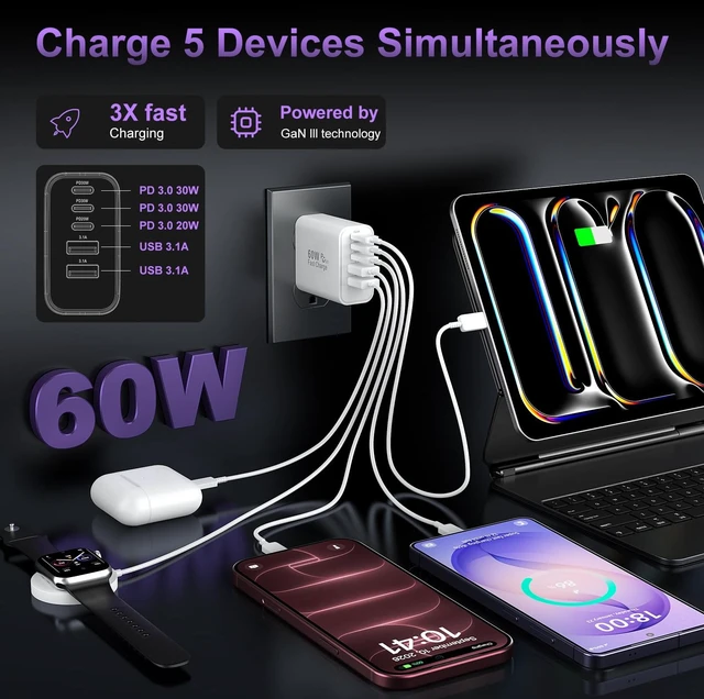 Alt view image 3 of 7 - USB C Charger Block Fast Charging, 60W Phone Charger USBC Wall Plug Adapter 2Pack 5-Port Type C Charger Fast Charging Cubes Multiport Power Brick for iPhone 17/18/16/15/14/Duo,iPad Pro,Galaxy S25/S24