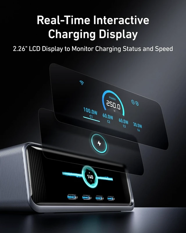 Alt view image 3 of 6 - Anker Prime Charging Station, 250W 6-Port GaN USB C Charger | 2.26" LCD Smart Display Control, Compatible with iPhone, Galaxy, MacBook, Dell for Home Office, Gaming Desk Accessories
