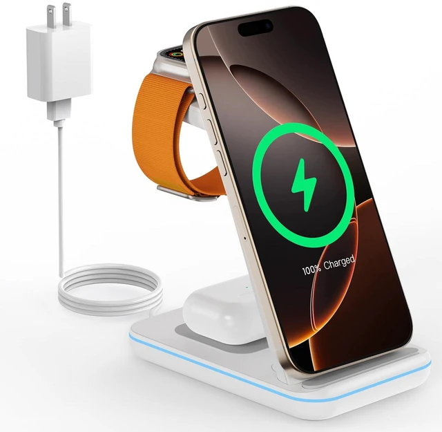 Main image of Wireless Charging Station for Apple - 3 in 1 Wireless Charger Stand Dock Watch and Phone Charger Station for Apple Watch 11/8/7/SE/6/5/4/3/2, iPhone 17 Air 16-12 Pro Max SE XS X, Samsung, AirPods