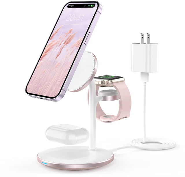 Main image of 3 in 1 Magnetic Wireless Charging Station for Apple Devices,15W for Magsafe | Fast Charging Phone Charger Stand for iPhone 18 17 16 15 14 13 12 Duo Pro Max Air Plus, Apple Watch Ultra Airpod Pro, Pink