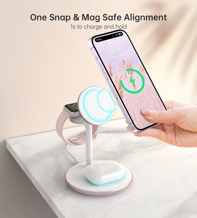 Alt view image 2 of 7 - 3 in 1 Magnetic Wireless Charging Station for Apple Devices,15W for Magsafe | Fast Charging Phone Charger Stand for iPhone 18 17 16 15 14 13 12 Duo Pro Max Air Plus, Apple Watch Ultra Airpod Pro, Pink
