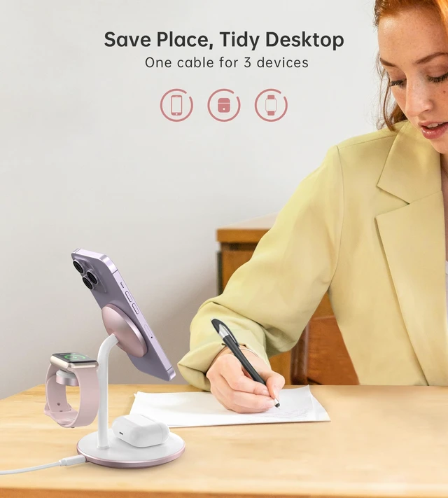 Alt view image 3 of 7 - 3 in 1 Magnetic Wireless Charging Station for Apple Devices,15W for Magsafe | Fast Charging Phone Charger Stand for iPhone 18 17 16 15 14 13 12 Duo Pro Max Air Plus, Apple Watch Ultra Airpod Pro, Pink