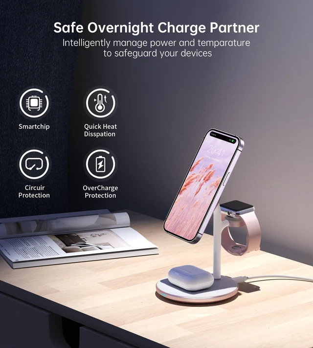 Alt view image 4 of 7 - 3 in 1 Magnetic Wireless Charging Station for Apple Devices,15W for Magsafe | Fast Charging Phone Charger Stand for iPhone 18 17 16 15 14 13 12 Duo Pro Max Air Plus, Apple Watch Ultra Airpod Pro, Pink