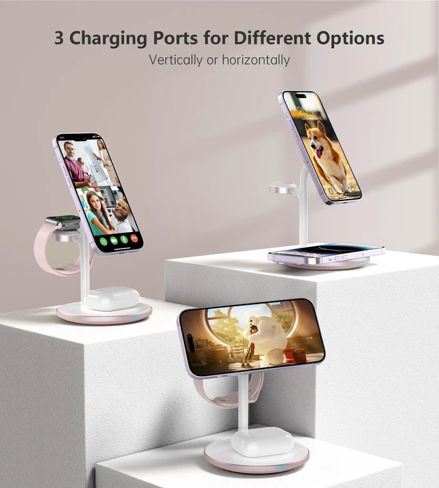 Alt view image 6 of 7 - 3 in 1 Magnetic Wireless Charging Station for Apple Devices,15W for Magsafe | Fast Charging Phone Charger Stand for iPhone 18 17 16 15 14 13 12 Duo Pro Max Air Plus, Apple Watch Ultra Airpod Pro, Pink