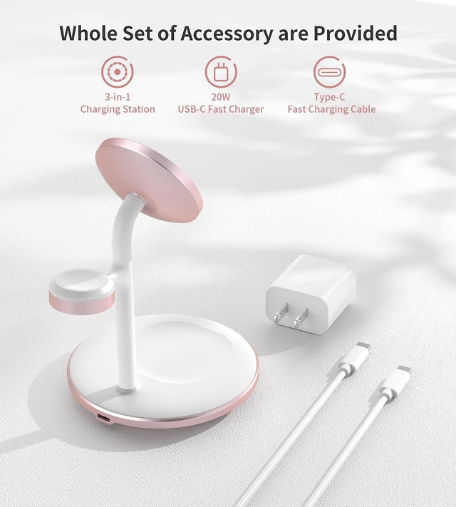 Alt view image 7 of 7 - 3 in 1 Magnetic Wireless Charging Station for Apple Devices,15W for Magsafe | Fast Charging Phone Charger Stand for iPhone 18 17 16 15 14 13 12 Duo Pro Max Air Plus, Apple Watch Ultra Airpod Pro, Pink