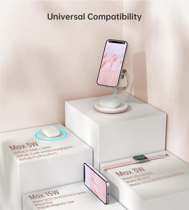 Alt view image 5 of 7 - 3 in 1 Magnetic Wireless Charging Station for Apple Devices,15W for Magsafe | Fast Charging Phone Charger Stand for iPhone 18 17 16 15 14 13 12 Duo Pro Max Air Plus, Apple Watch Ultra Airpod Pro, Pink