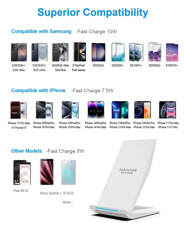 Alt view image 3 of 7 - NANAMI Fast Wireless Charger - Charging Stand 7.5W Compatible with iPhone 18 Pro/18 Pro Max/17/17 Pro/17 Pro Max/16/15/14/13/12, 10W Phone Charger Dock for Samsung Galaxy S26/S26+/S25/S24/S23/S22