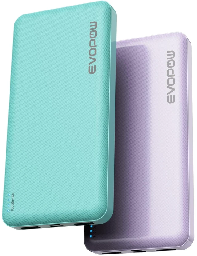 Main image of Evopow 2 Pack Portable Charger, 10000mAh Power Bank-Green&Purple | Flight-Safe, Slim, 3 Outputs 2 Inputs, 37Wh, for iPhone Samsung Android Camping Backpack and Heated Vest etc