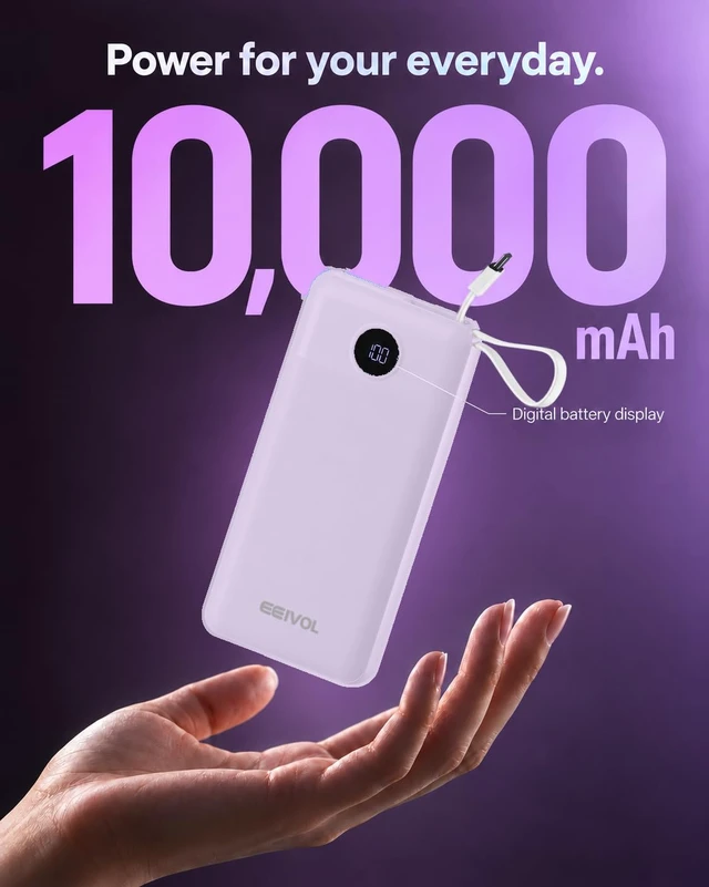 Alt view image 2 of 7 - EEIVOL Portable Charger with 4 Built-in Cables, 10000mAh Power Bank, Lilac | LED Display, 4-Device Charging, 2 Recharge Options; USB C Battery Pack for iPhone and Android, Portable Charger for Travel