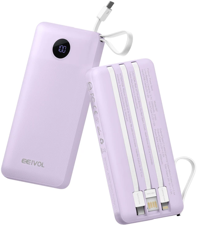 Main image of EEIVOL Portable Charger with 4 Built-in Cables, 10000mAh Power Bank, Lilac | LED Display, 4-Device Charging, 2 Recharge Options; USB C Battery Pack for iPhone and Android, Portable Charger for Travel
