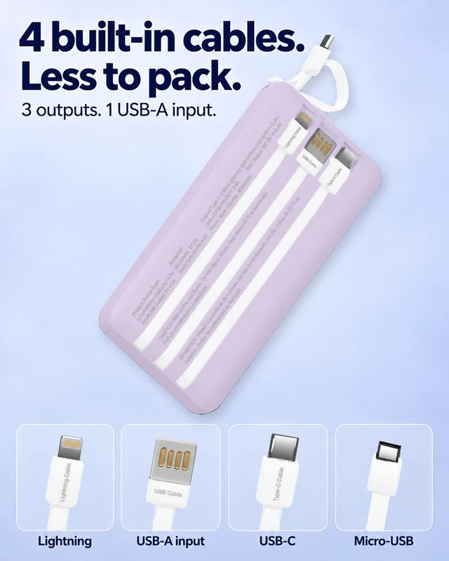 Alt view image 4 of 7 - EEIVOL Portable Charger with 4 Built-in Cables, 10000mAh Power Bank, Lilac | LED Display, 4-Device Charging, 2 Recharge Options; USB C Battery Pack for iPhone and Android, Portable Charger for Travel