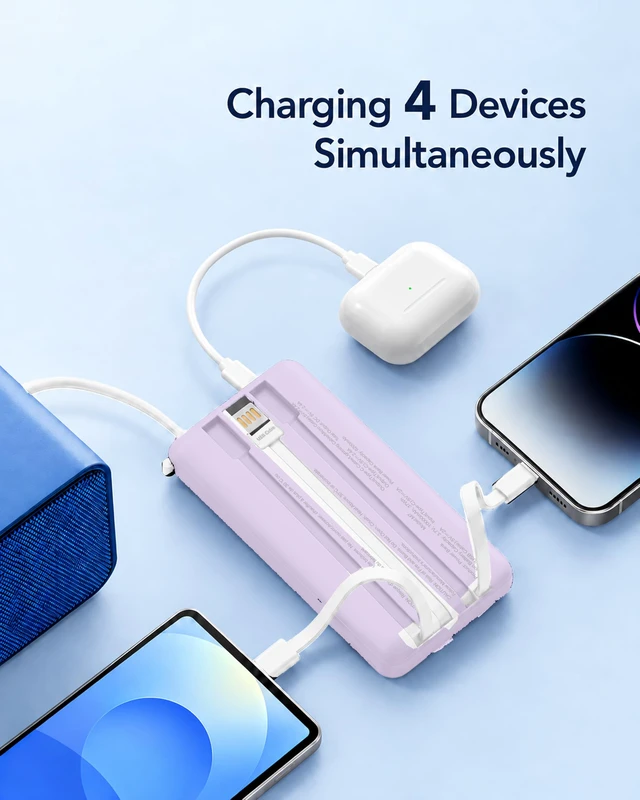 Alt view image 3 of 7 - EEIVOL Portable Charger with 4 Built-in Cables, 10000mAh Power Bank, Lilac | LED Display, 4-Device Charging, 2 Recharge Options; USB C Battery Pack for iPhone and Android, Portable Charger for Travel