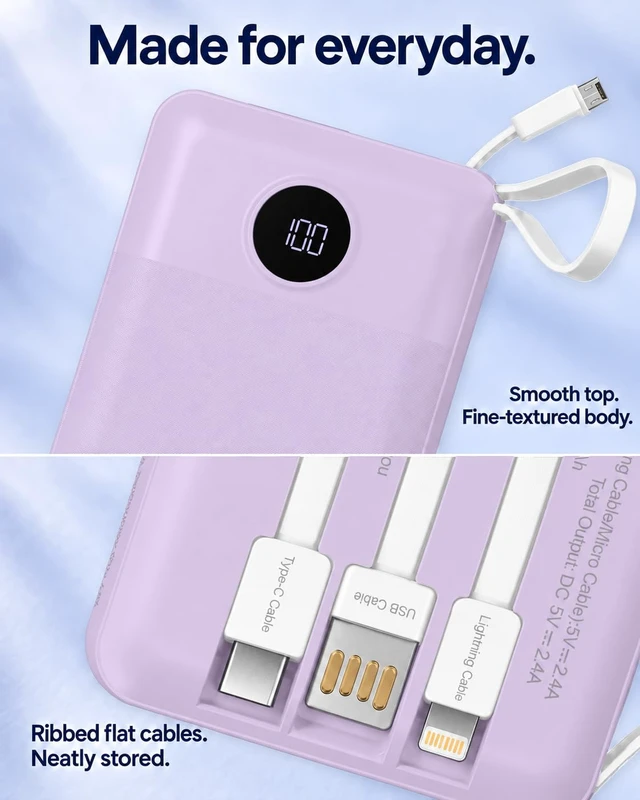 Alt view image 7 of 7 - EEIVOL Portable Charger with 4 Built-in Cables, 10000mAh Power Bank, Lilac | LED Display, 4-Device Charging, 2 Recharge Options; USB C Battery Pack for iPhone and Android, Portable Charger for Travel