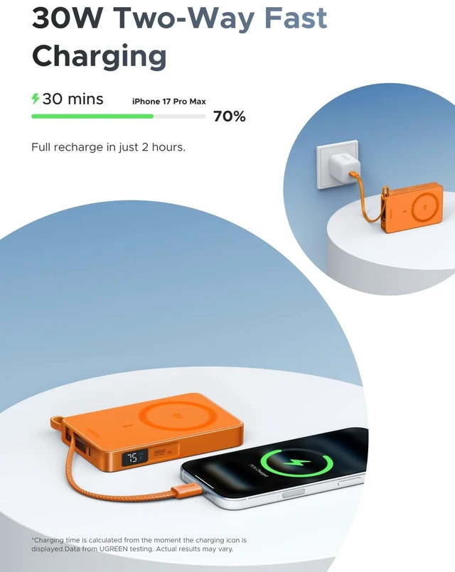 Alt view image 3 of 7 - UGREEN MagFlow 10000mAh Qi2 25W Wireless Power Bank Built-in Cable | Qi2 25W wireless, built-in cable, 30W PD wired. MagSafe compatible with iPhone 18 Pro