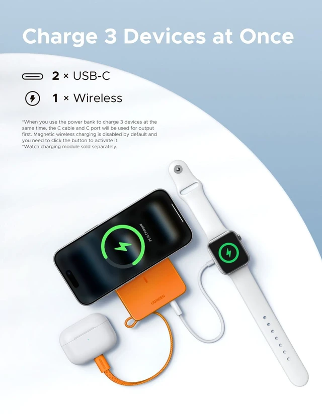 Alt view image 6 of 7 - UGREEN MagFlow 10000mAh Qi2 25W Wireless Power Bank Built-in Cable | Qi2 25W wireless, built-in cable, 30W PD wired. MagSafe compatible with iPhone 18 Pro