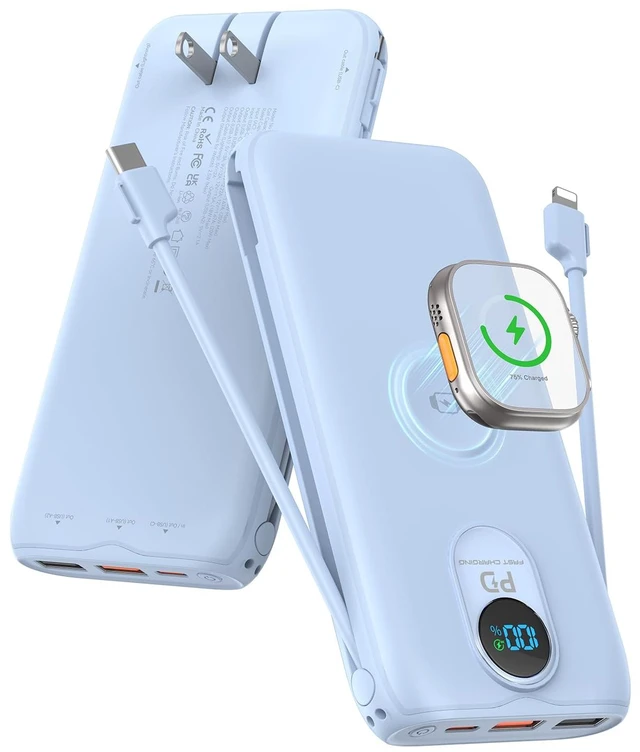 Main image of Portable Charger Power Bank 10000mAh PD20W w/Built-in Cables & AC Plug | Portable charger iphone,Fast charging, Built-in wall plug, LED display, Charge 6 devices at once, Pass through charging