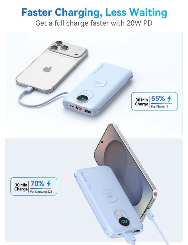 Alt view image 7 of 7 - Portable Charger Power Bank 10000mAh PD20W w/Built-in Cables & AC Plug | Portable charger iphone,Fast charging, Built-in wall plug, LED display, Charge 6 devices at once, Pass through charging