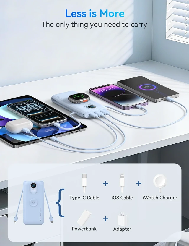 Alt view image 3 of 7 - Portable Charger Power Bank 10000mAh PD20W w/Built-in Cables & AC Plug | Portable charger iphone,Fast charging, Built-in wall plug, LED display, Charge 6 devices at once, Pass through charging