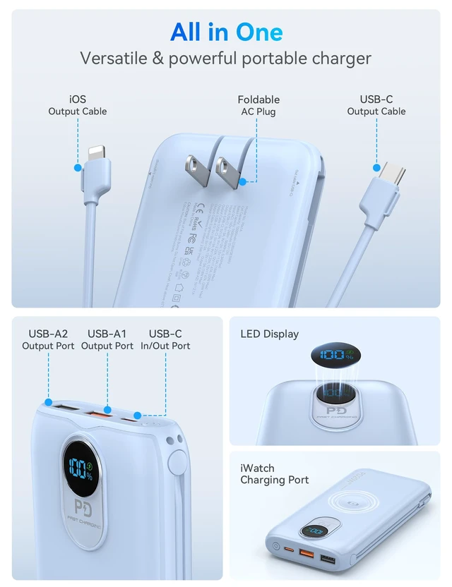 Alt view image 4 of 7 - Portable Charger Power Bank 10000mAh PD20W w/Built-in Cables & AC Plug | Portable charger iphone,Fast charging, Built-in wall plug, LED display, Charge 6 devices at once, Pass through charging